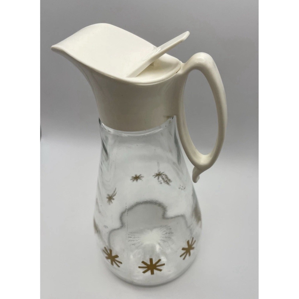 Vintage Log Cabin Syrup Dispenser Glass Gold Starburst Atomic 1960s
